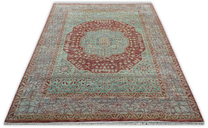 Maroon And Teal Traditional Mamluk Design Hand knotted 9x12 Wool Rug