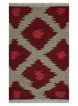 Maroon, Beige and Rust 3x5 Ikat Pattern Hand Woven Soumak Dhurrie Wool Area Rug