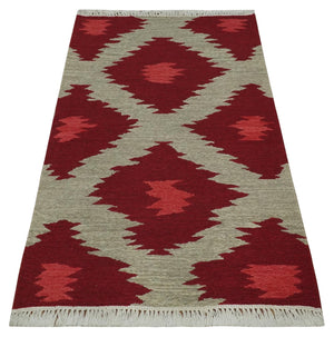 Maroon, Beige and Rust 3x5 Ikat Pattern Hand Woven Soumak Dhurrie Wool Area Rug