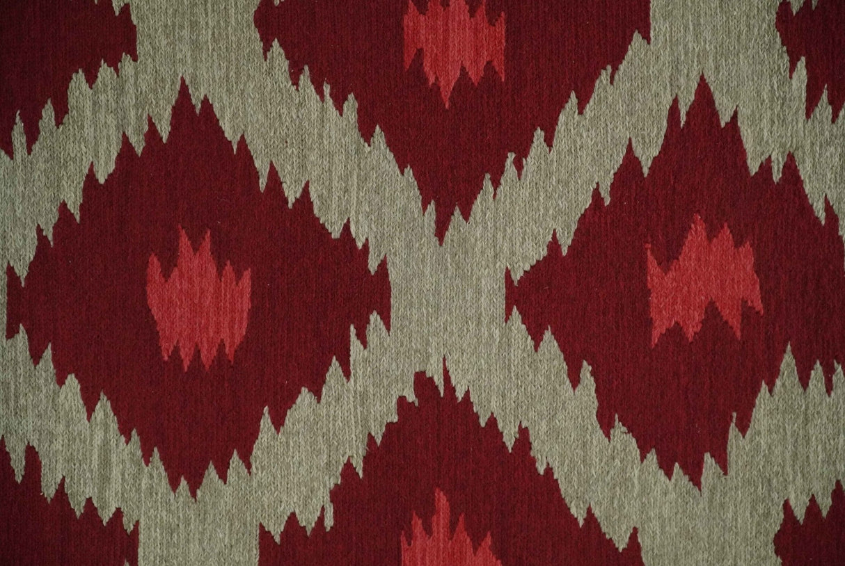 Maroon, Beige and Rust 3x5 Ikat Pattern Hand Woven Soumak Dhurrie Wool Area Rug