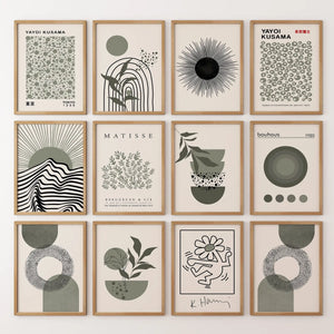 Set of 12 Sage Green Art. Abstract Matisse, Bauhaus MCM Prints