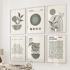 Sage Green Gallery Wall. Set of 6 Abstract Posters Inspired by Matisse, Kusama and Bauhaus