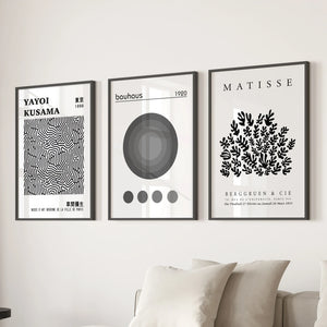 Black White Kusama, Matisse, Bauhaus Posters. Art Set of 3