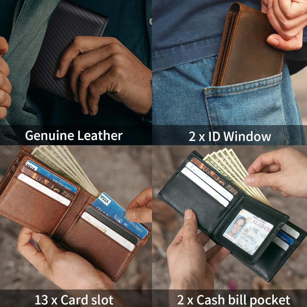 Men’s Genuine Leather RFID Blocking Bifold Wallet 13 Card Slots