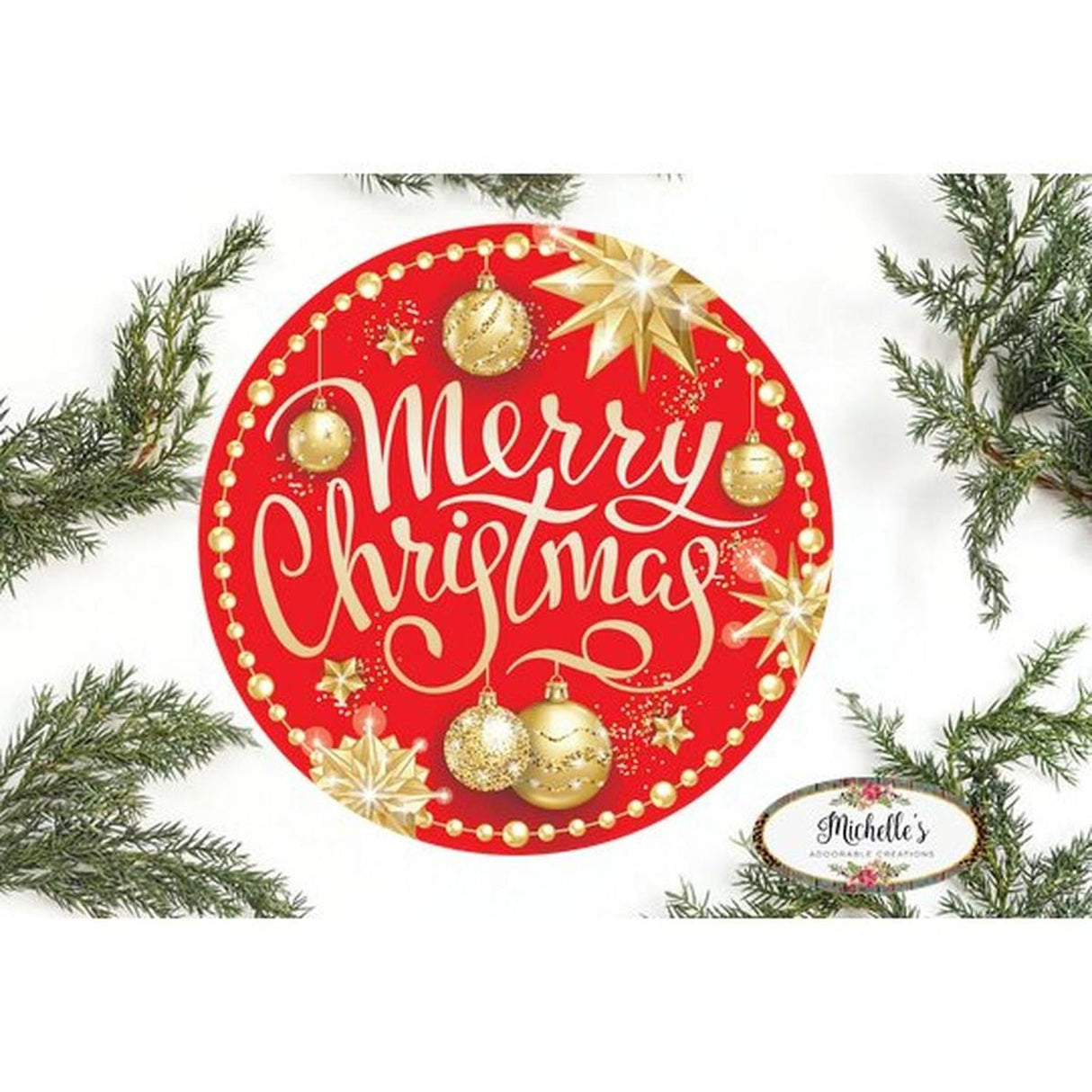 Merry Christmas Red Gold Round Sign
