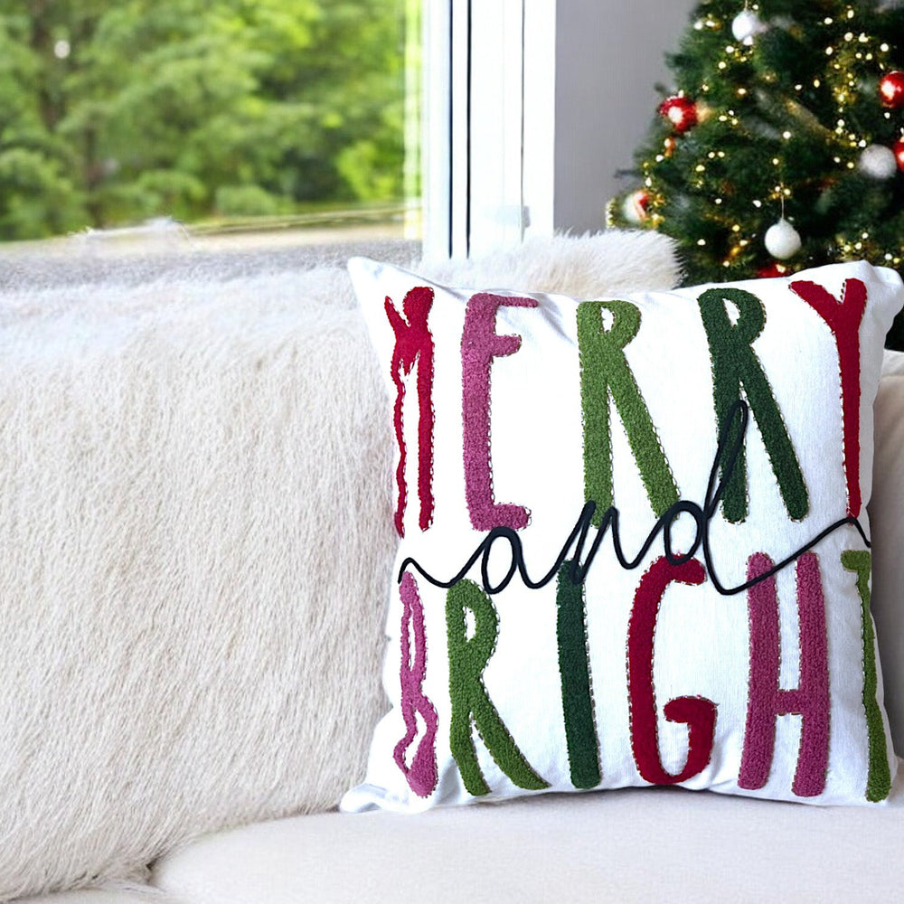 Merry and Bright Embroidered Christmas Themed Pillow