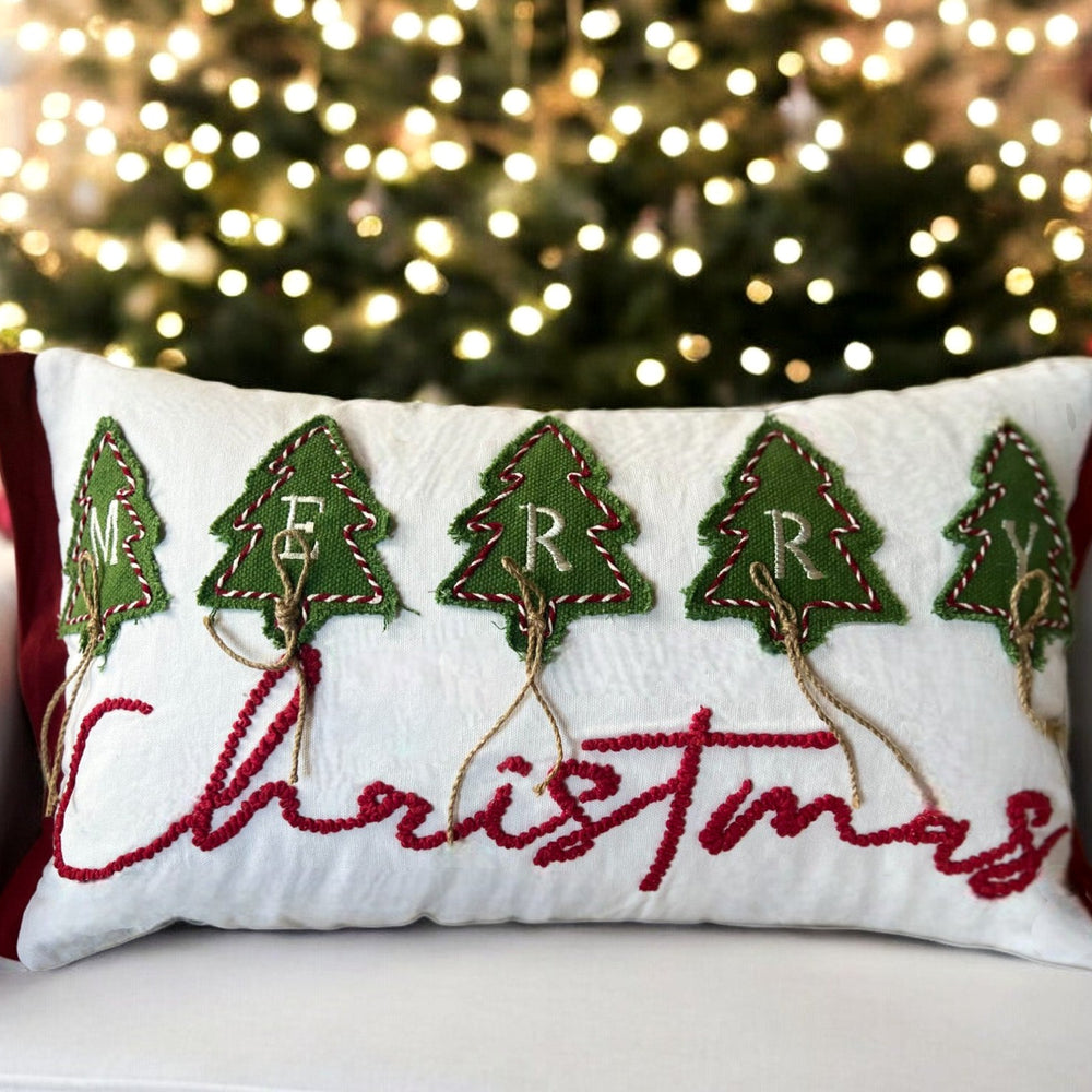 Merry Christmas Embroidered and  Applique Tree with Jute Embellishments Throw Pillow