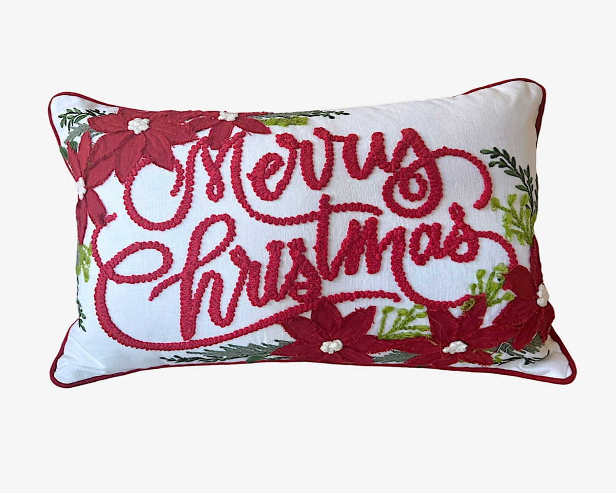 Merry Christmas Vintage Poinsettia Throw Pillow