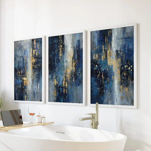 Navy Blue and Gold Triptych. Sparkle Oil Painting Prints