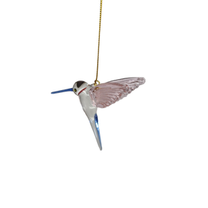 Feeding Hummingbird glass Ornament - Pink Wings / Blue Tail / Blue Beak