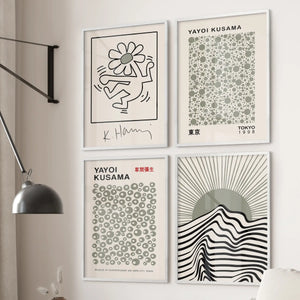 Boho Modern Abstract Set of 4 Prints. Kusama, Haring, Bauhaus