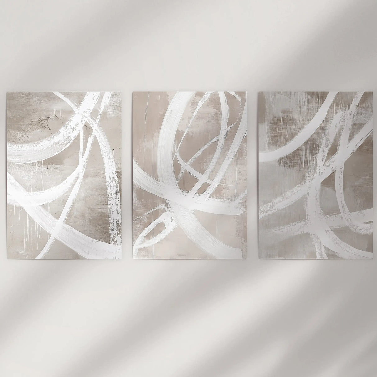 Modern Minimalist Abstract Triptych. Neutral Brush Stroke Art