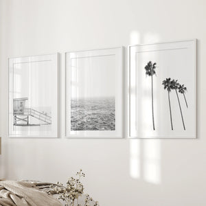 Black White Coastal Wall Art Set: Palms, Ocean, Lifeguard