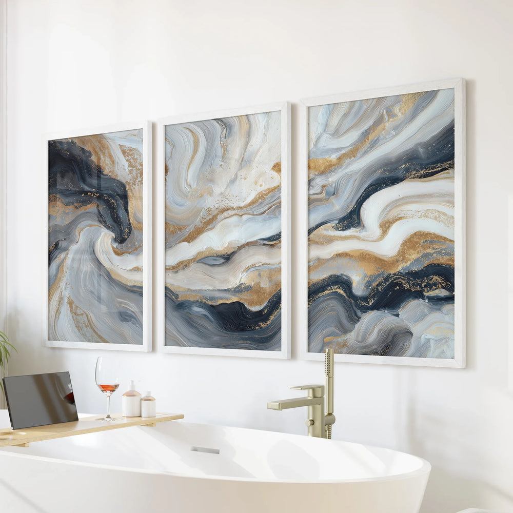 3 Piece Modern Abstract Marble Wall Art: Navy Blue and Gold