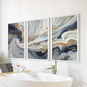 3 Piece Modern Abstract Marble Wall Art: Navy Blue and Gold