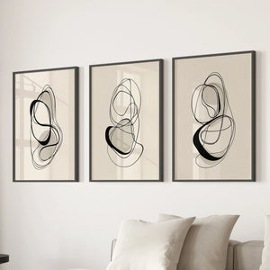Black and Beige Abstract Set of 3 Wall Art. Minimalist Lines