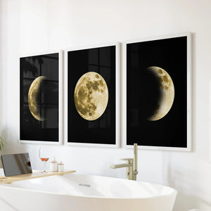 Celestial Moon 3 Piece Wall Decor. Gold Full Moon, Phases