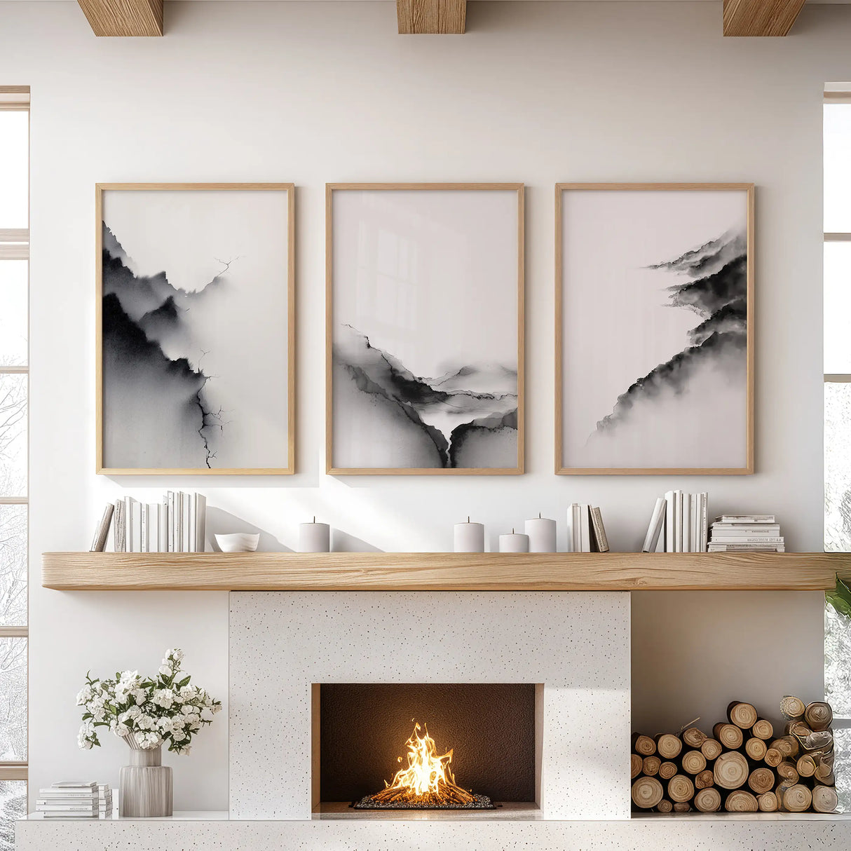 Black White Mountain Landscape Art Set of 3. Calming Nature