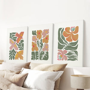 Abstract Botanical Set of 3 Prints. Retro Flower Gallery Art