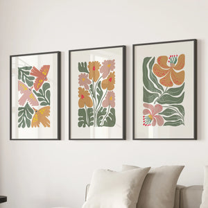 Abstract Botanical Set of 3 Prints. Retro Flower Gallery Art