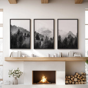 Black White Forest Triptych. Misty Mountains Nature Posters