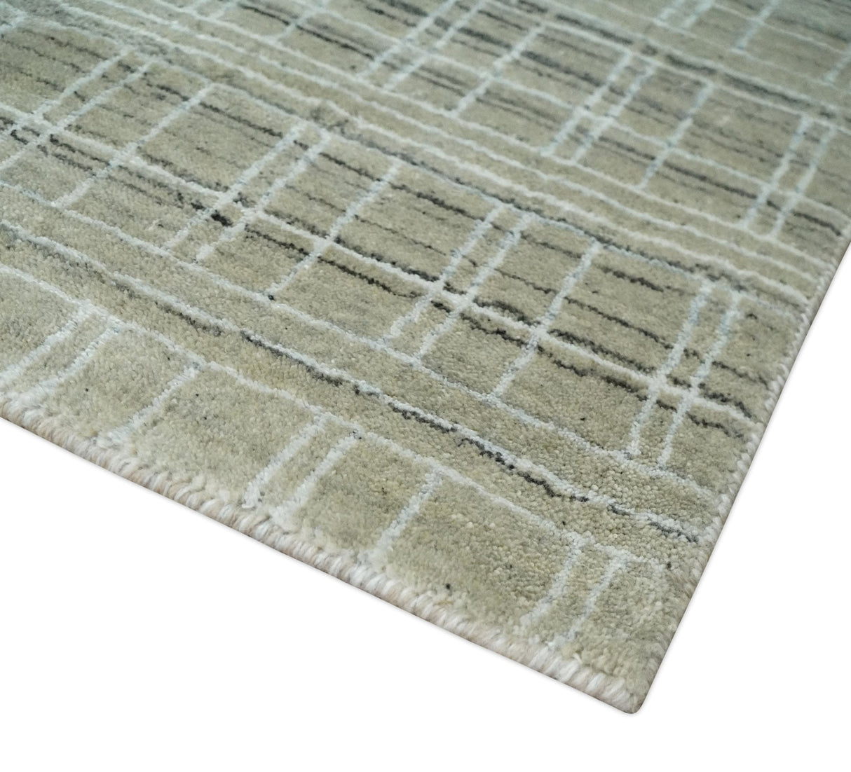 Modern 8x10 Hand Made Striped Olive and White Blended Wool  Area Rug