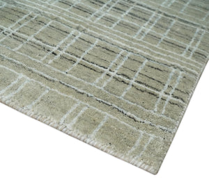 Modern 8x10 Hand Made Striped Olive and White Blended Wool  Area Rug