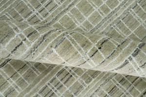 Modern 8x10 Hand Made Striped Olive and White Blended Wool  Area Rug