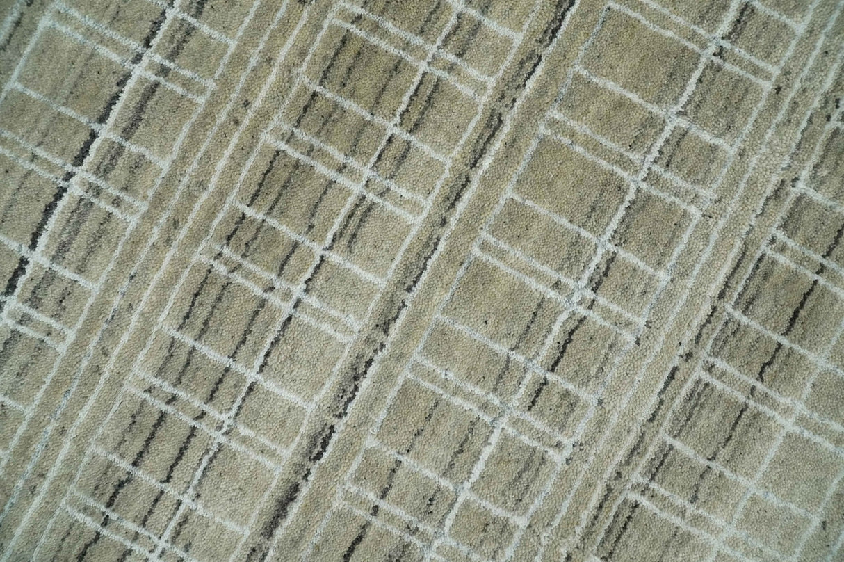 Modern 8x10 Hand Made Striped Olive and White Blended Wool  Area Rug
