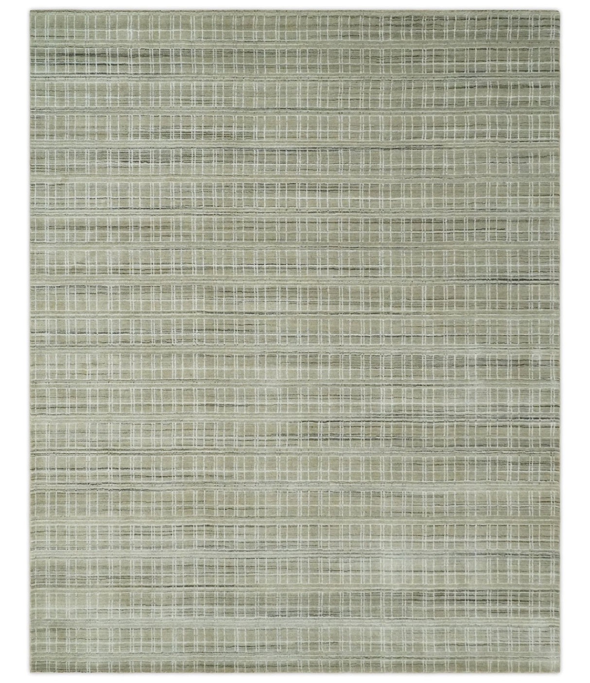 Modern 8x10 Hand Made Striped Olive and White Blended Wool  Area Rug
