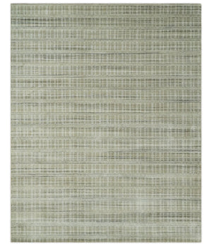 Modern 8x10 Hand Made Striped Olive and White Blended Wool  Area Rug