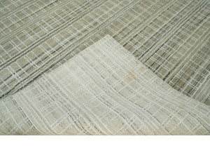 Modern 8x10 Hand Made Striped Olive and White Blended Wool  Area Rug