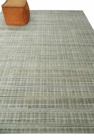 Modern 8x10 Hand Made Striped Olive and White Blended Wool  Area Rug