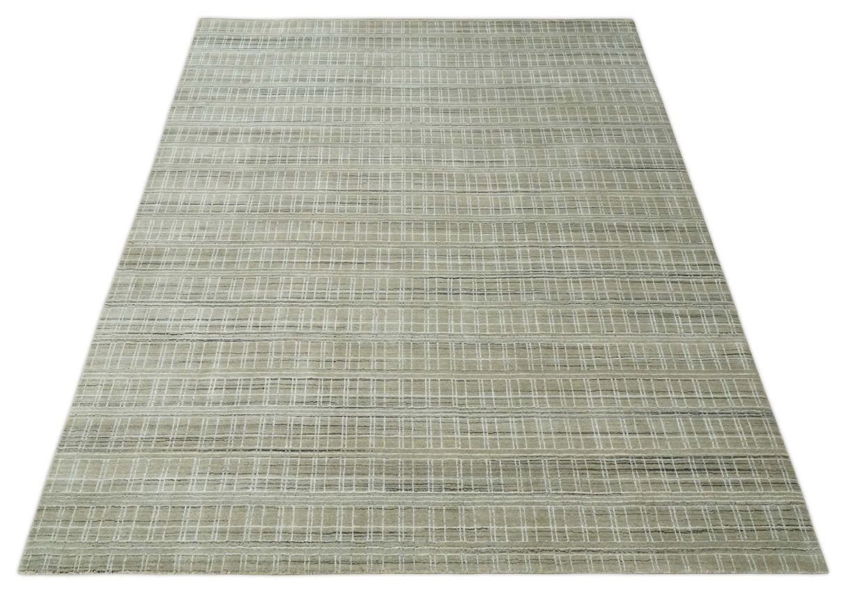 Modern 8x10 Hand Made Striped Olive and White Blended Wool  Area Rug