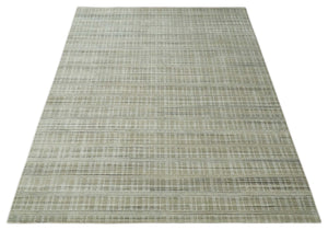 Modern 8x10 Hand Made Striped Olive and White Blended Wool  Area Rug