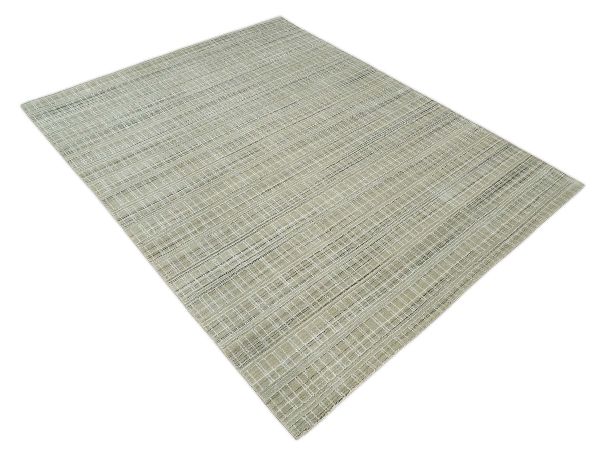 Modern 8x10 Hand Made Striped Olive and White Blended Wool  Area Rug