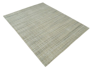 Modern 8x10 Hand Made Striped Olive and White Blended Wool  Area Rug