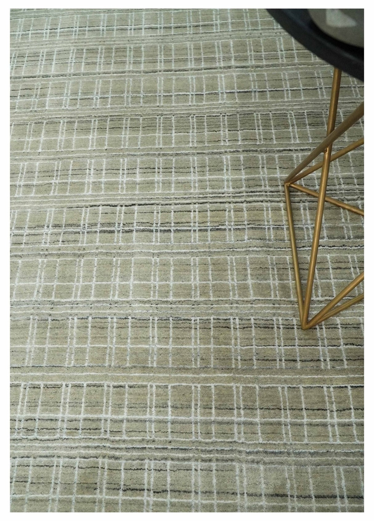 Modern 8x10 Hand Made Striped Olive and White Blended Wool  Area Rug
