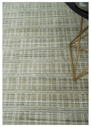 Modern 8x10 Hand Made Striped Olive and White Blended Wool  Area Rug