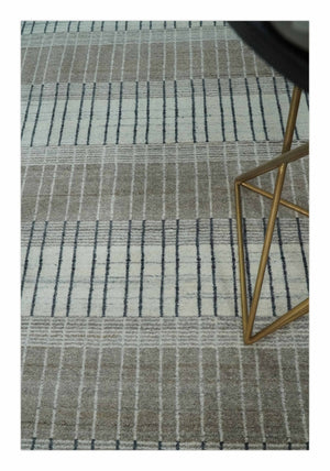 Modern 8x10 Hand Made Stripes Ivory and Brown Wool Flatwoven Area Rug