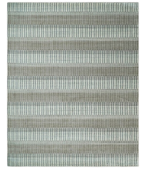 Modern 8x10 Hand Made Stripes Ivory and Brown Wool Flatwoven Area Rug
