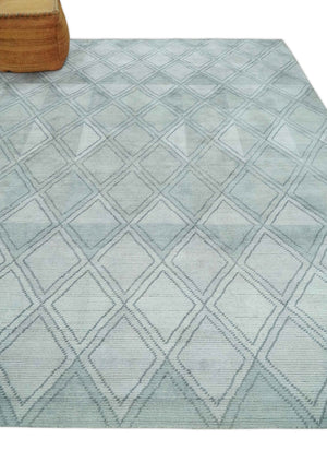 Modern 8x10 Silver, Ivory and Charcoal Geometrical Handmade Art Silk Area Rug