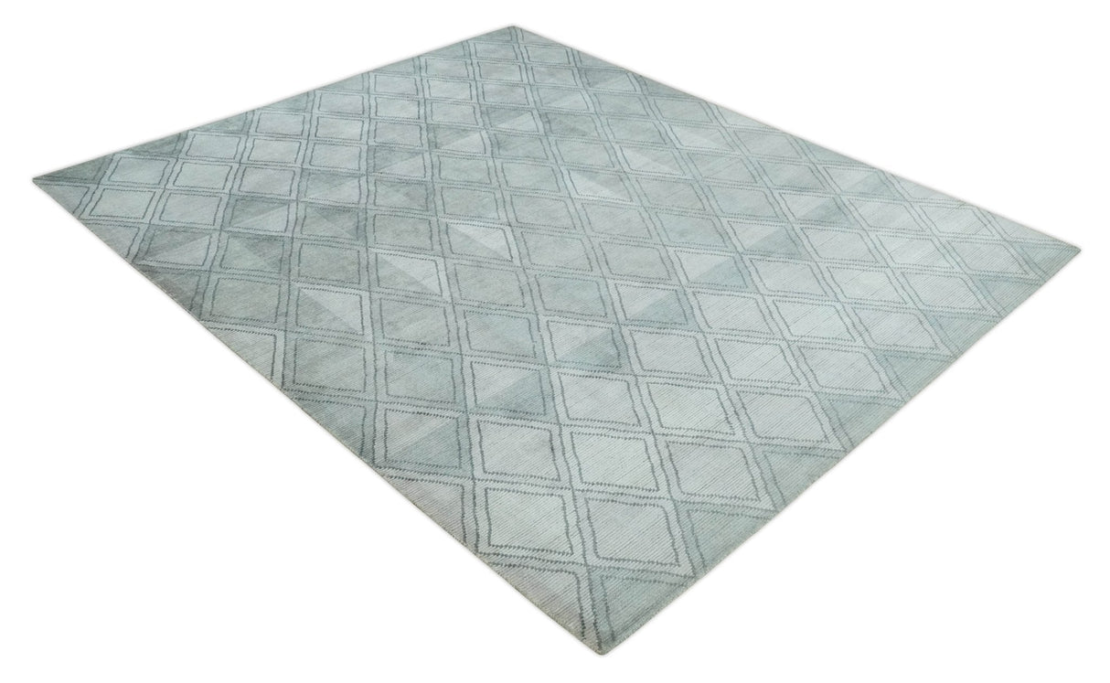 Modern 8x10 Silver, Ivory and Charcoal Geometrical Handmade Art Silk Area Rug