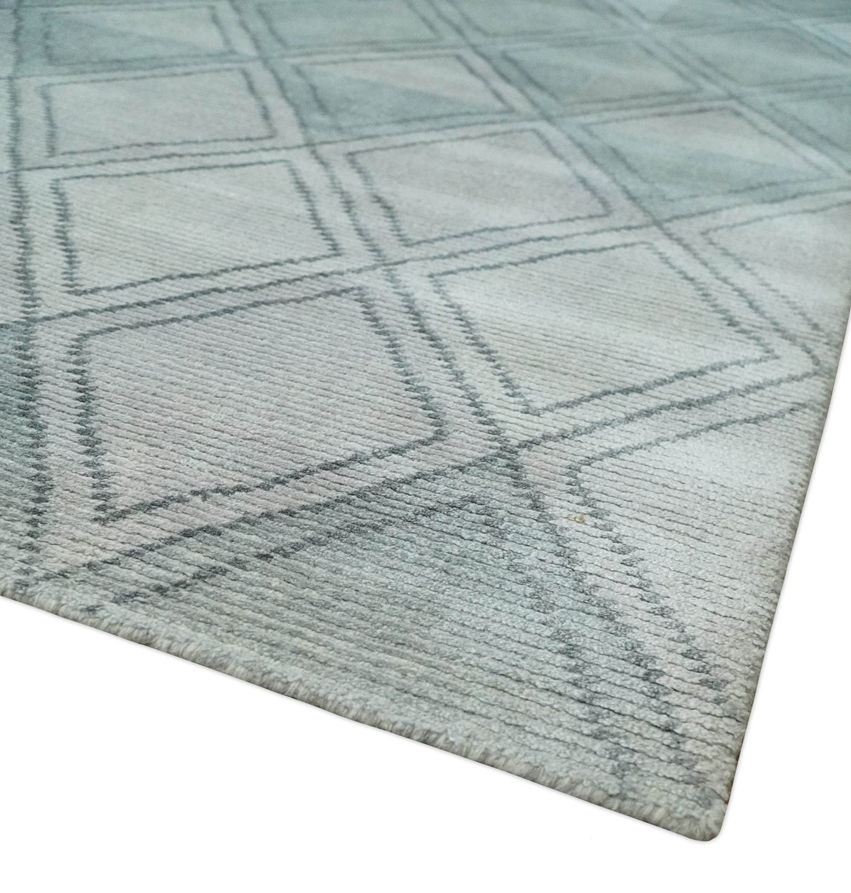 Modern 8x10 Silver, Ivory and Charcoal Geometrical Handmade Art Silk Area Rug