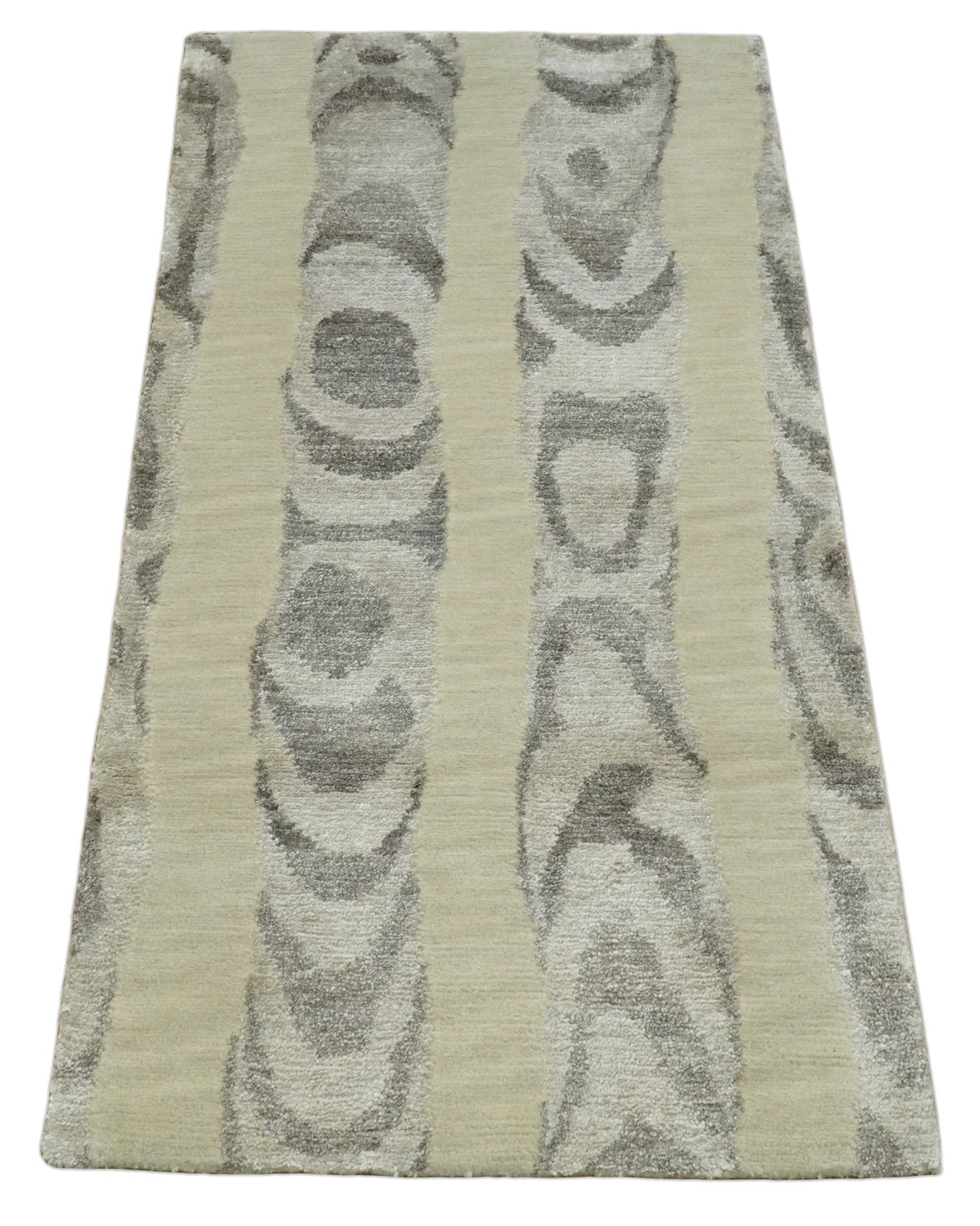 Modern Abstract 2x3 Beige and Gray Hand Knotted  Wool and Silk Area Rug