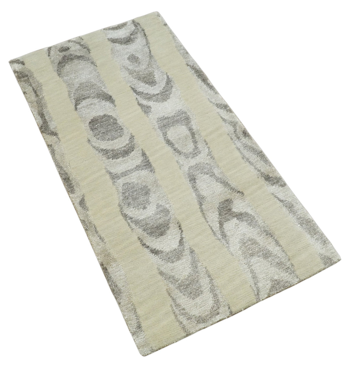Modern Abstract 2x3 Beige and Gray Hand Knotted  Wool and Silk Area Rug