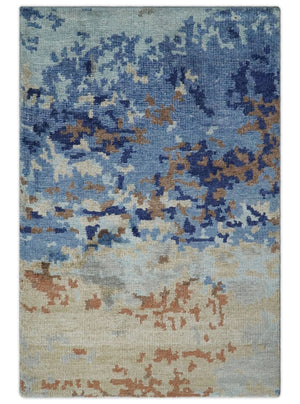 Modern Abstract 2x3 Blue And beige Bamboo Silk Hand Knotted Area Rug