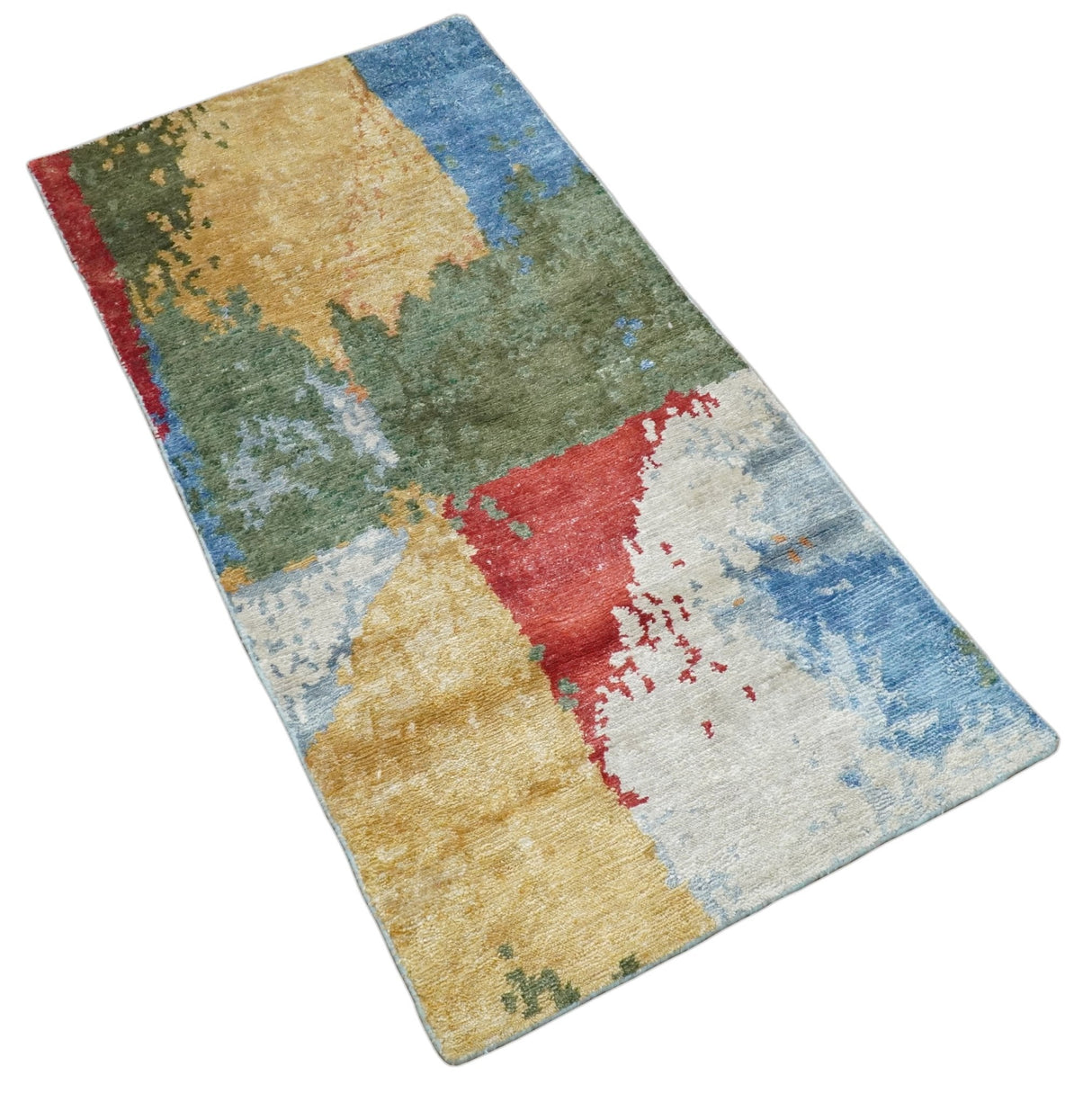 Modern Abstract 2x4 Blue, Red and Gold Hand Knotted bamboo silk Area Rug