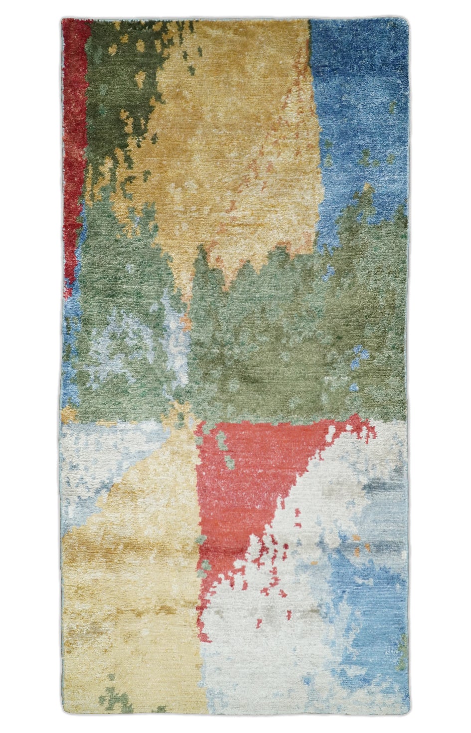 Modern Abstract 2x4 Blue, Red and Gold Hand Knotted bamboo silk Area Rug