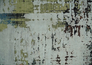 Modern Abstract 2x4 High Low Ivory and Olive Real Silk and Wool Rug